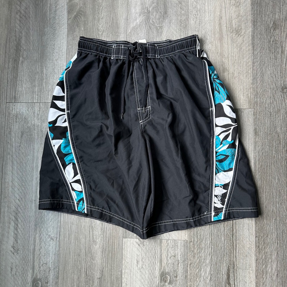 Vintage Y2K Speedo Black Swim Trunks Board Shorts Men's Large Blue Tropical surf